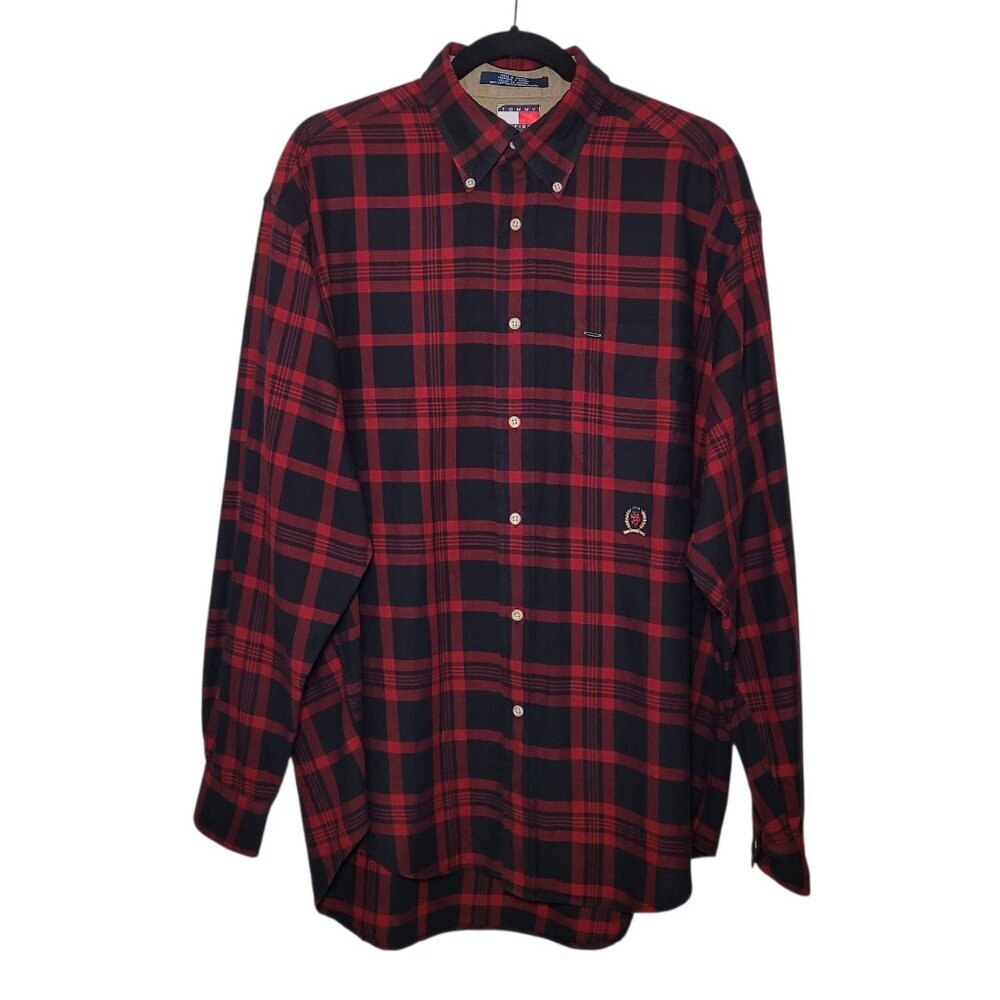 Tommy Hilfiger Plaid Shirt Embroidered Lion Crest Red Black Large Preppy Vintage - Picture 11 of 11